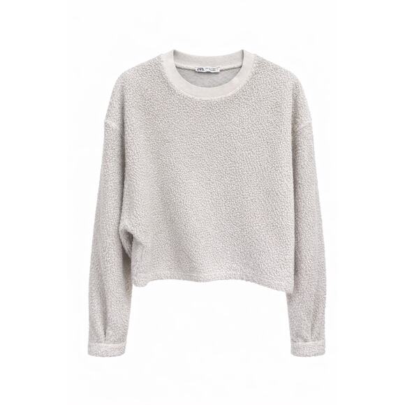 ZARA Ivory Sherpa Teddy Crop Sweatshirt Medium Fuzzy Popcorn Fleece Cozy Chic - Picture 5 of 10